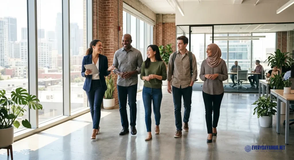 Small business team walking confidently through a bright modern office mid-conversation with a tablet in hand