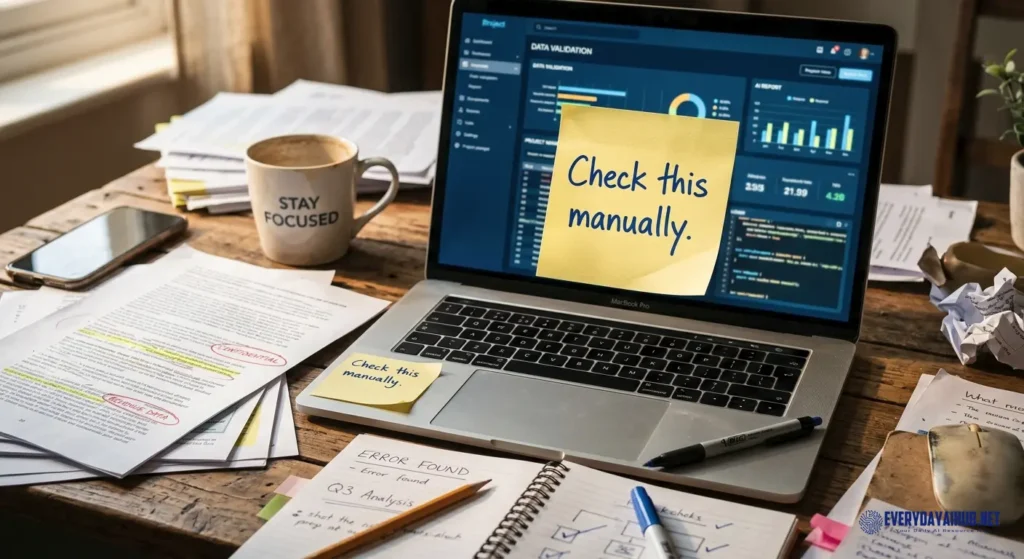 Sticky note reading 'check this manually' stuck to a laptop screen surrounded by printed documents and handwritten notes