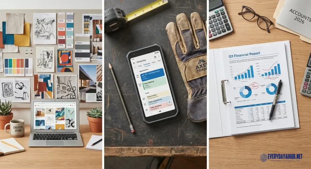 Overhead flat lay of three work environment artifacts side by side — a laptop with coffee cup, a smartphone and work gloves, and a printed financial report with a pen — representing three small business types