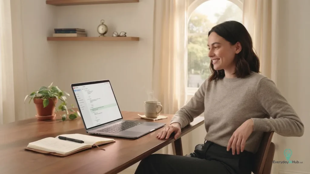 Small business owner confidently completing a customer support email after resolving a complaint with help from ChatGPT.