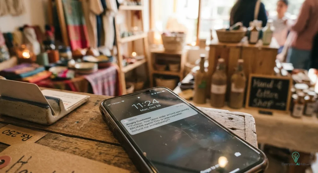Close-up of a smartphone showing an angry customer email notification, resting on a small business counter with handmade products in the blurred background