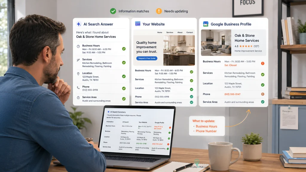 Small-business owner comparing AI answers with actual business information