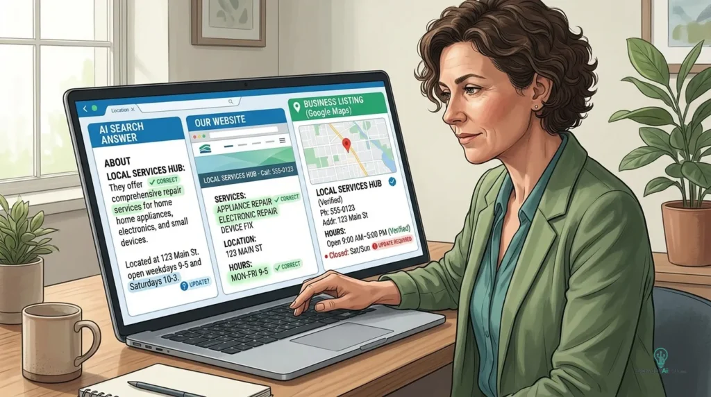 Small-business owner comparing AI answers with actual business information