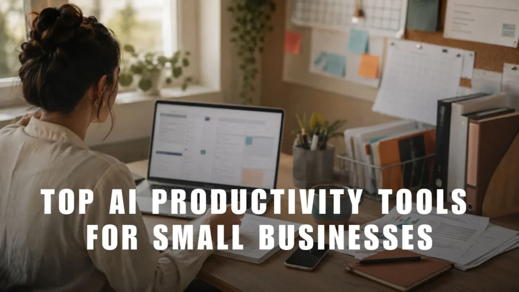 Small business owner using AI productivity tools on a laptop at a desk