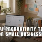 Small business owner using AI productivity tools on a laptop at a desk