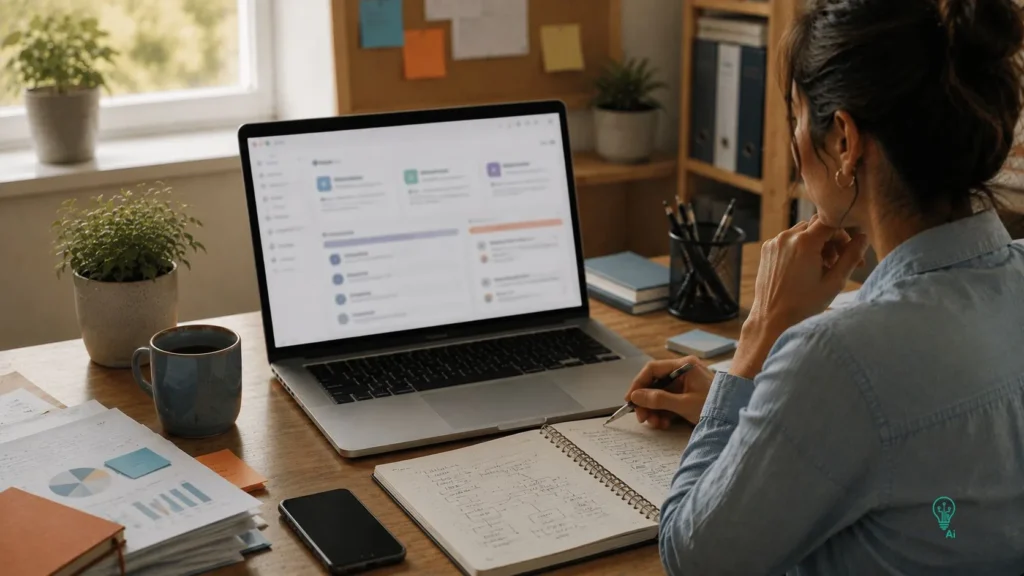 Laptop showing an AI assistant workspace for small business tasks