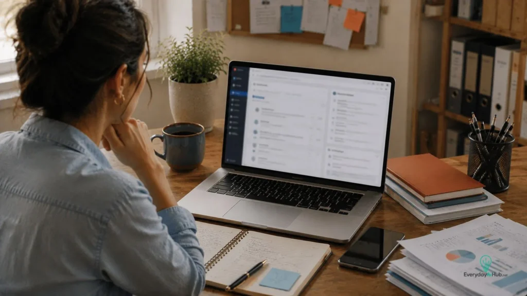 Laptop showing an AI-assisted email inbox on a small business desk