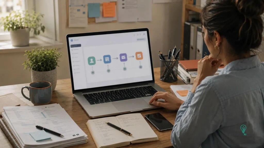 Visual workflow showing automated small business tasks on a laptop