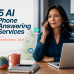 Small business owner using a phone while comparing AI phone answering services