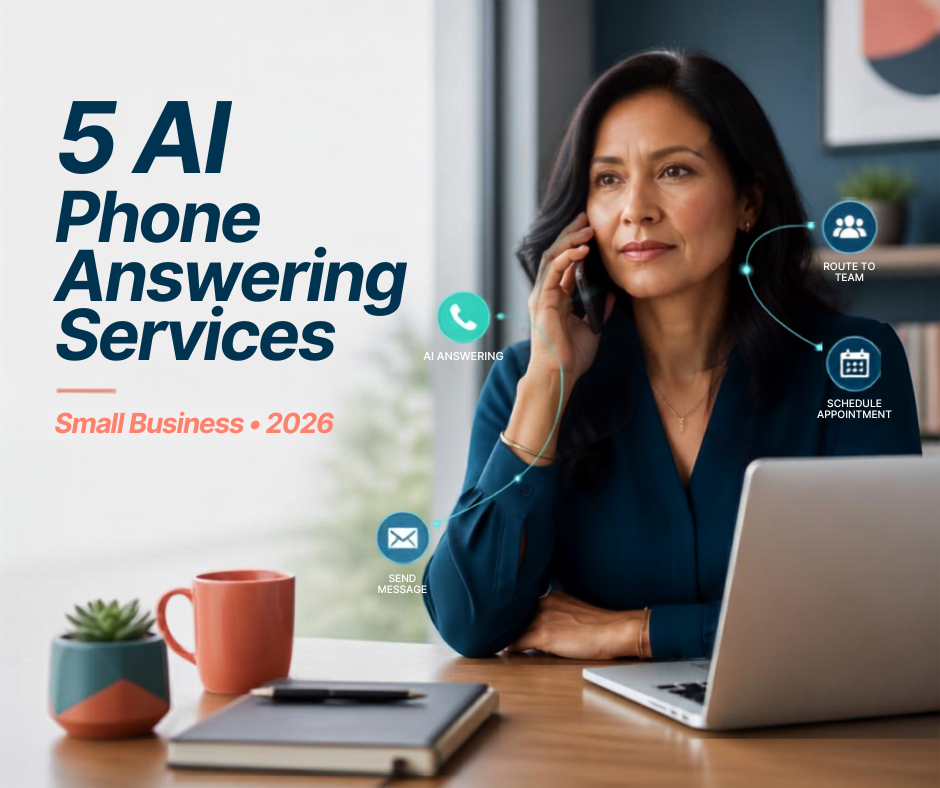 Small business owner using a phone while comparing AI phone answering services