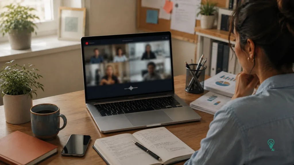 Laptop showing an AI-assisted business video meeting