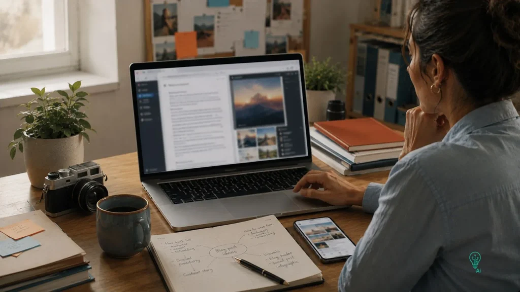 Small business content creator using AI writing and visual tools