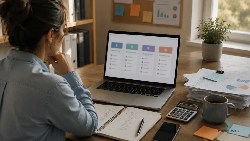 Small business owner comparing AI productivity tools on a laptop