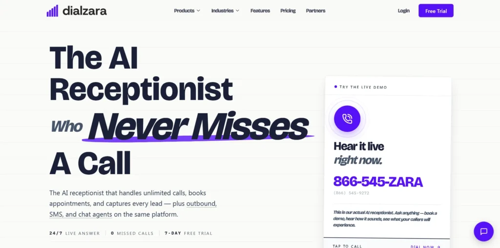 Screenshot homepage of Dialzara