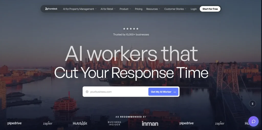 Screenshot homepage of Frontdesk AI AI customer platform for calls texts and chat
