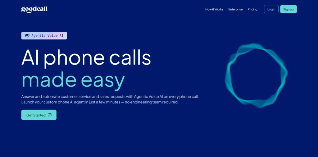 Screenshot homepage of Goodcall Voice AI AI Phone Agent & Virtual Receptionist