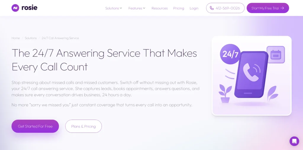 Screenshot homepage of Rosie AI Plans & Pricing AI Answering Service