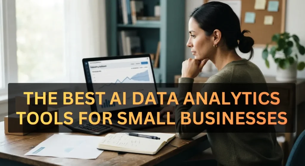 Small business owner analyzing business data on a laptop using AI Data Analytics Tools