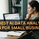 Small business owner analyzing business data on a laptop using AI Data Analytics Tools