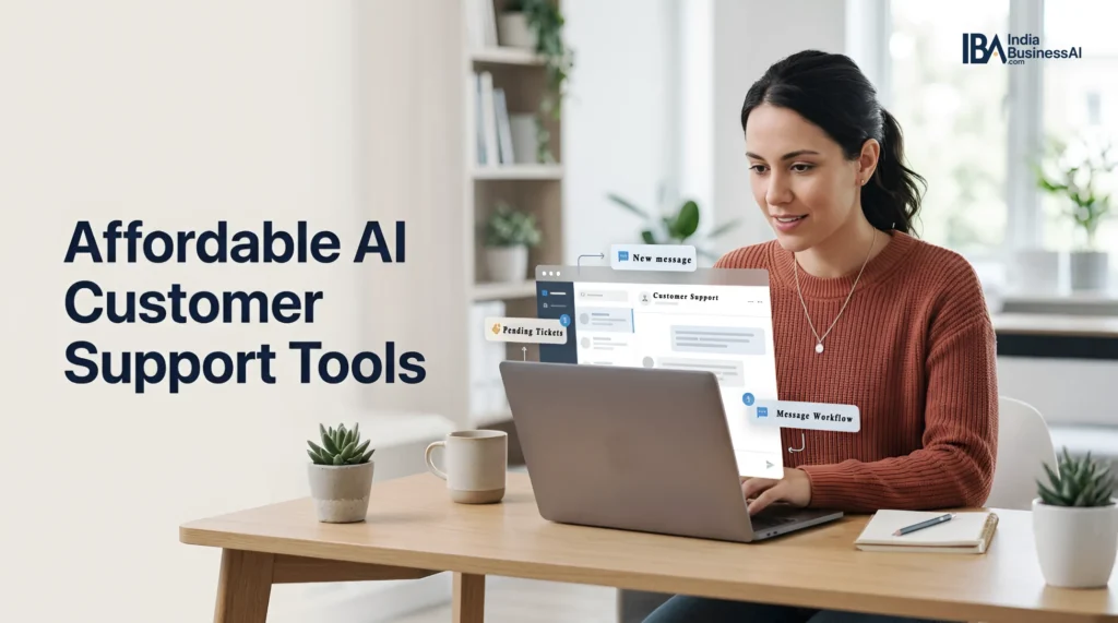 Small business owner using AI customer support tools on a laptop