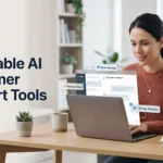 Small business owner using AI customer support tools on a laptop