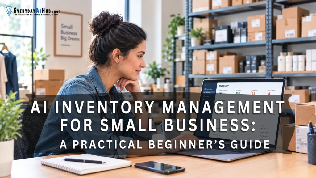 Small business owner using AI inventory management to review stock levels in a stockroom