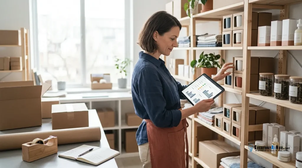 Small-business owner checking product inventory on a tablet beside organized shelves